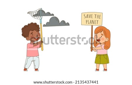 Save the planet. Kids protecting and taking care of nature. Ecology and environment concept. vector illustration