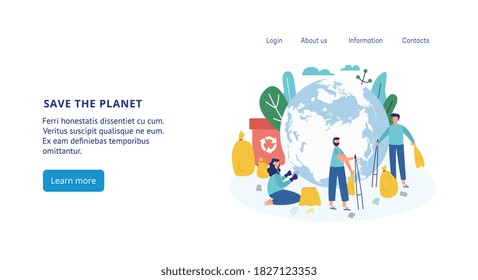 Save the planet landing page for internet website. Ecologist taking care of earth fighting for environment safety, flat cartoon vector illustration white background