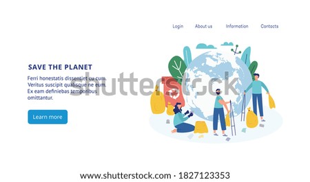 Save the planet landing page for internet website. Ecologist taking care of earth fighting for environment safety, flat cartoon vector illustration white background
