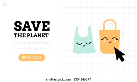 Save the planet. Landing page template. Modern flat  concept for web design. Vector illustration with plastic bag and eco bag characters. Choice.