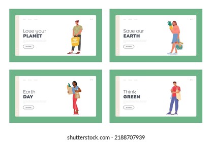 Save Planet Landing Page Template Set. People Stand with Reusable Packaging in Hands. Male and Female Characters Use Eco Bags for Shopping, Purchases and Boughts. Cartoon Vector Illustration