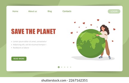 Save the planet landing page template. Cute woman next to green globe. Perfect for web design, business presentation and marketing. Vector illustration in flat cartoon style.