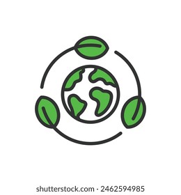 Save planet, in line design, green. Save, planet, earth, environment, green, conservation, eco on white background vector. Save planet editable stroke icon.