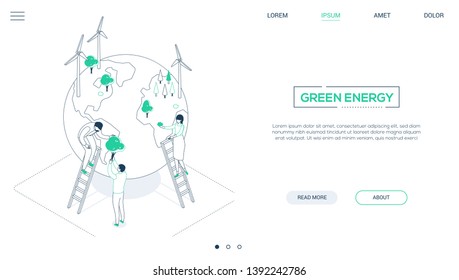 Speichern Sie den Planeten - Line Design Stil isometrischen Web-Banner mit Kopienraum für Text. Website-Kopfzeile mit männlichen, weiblichen Charakteren, die Bäume auf einen Globus mit Windkraftgeneratoren legen. Ökokonzept