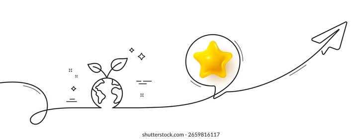 Save planet line icon. Continuous line with share plane. Green earth sign. Eco environment symbol. 3d star in speech bubble. Save planet single line ribbon. Loop curve pattern. Vector