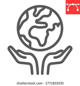 Save the planet line icon, earth and ecology, earth in hands sign vector graphics, editable stroke linear icon, eps 10