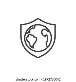 Save the planet line icon. linear style sign for mobile concept and web design. Shield with world globe outline vector icon. Symbol, logo illustration. Vector graphics