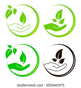 Save planet.  Linear icons in circles on white background.  Hand with plant sprout sign. Ecology environment symbol.  Earth day concept illustration vector. Save nature icon.