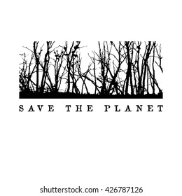 Save the planet logo concept: trees silhouettes framed by rectangular frame without line borders.