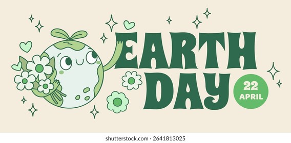 Save planet mascot poster. Earth day greeting card, ecological design template, cute green globe with flowers bouquet, horizontal banner, natural groovy character, garish vector concept