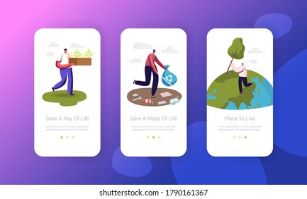 Save the Planet Mobile App Page Onboard Screen Template. Volunteer Characters Planting Plants, Clean Up Garbage. Global Warming and Reduce Nature Pollution Concept. Cartoon People Vector Illustration