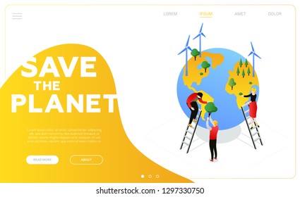 Save the planet - modern colorful isometric vector web banner with copy space for text. Website header with male, female characters placing trees on a globe with wind power generators. Ecology concept