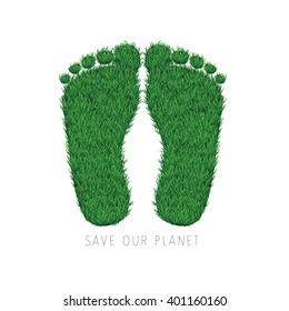 Save the planet motivational card with grass footsteps on white background