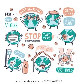  Save the planet objects from covid 19. Corona virus concept. Vector illustration. Cute icons in hand-drawn style.