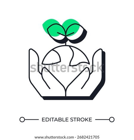 Save planet offset shadow line icon. Earth globe with sprout in palms. Sustainable lifestyle. Environment care. Bold outline symbol with solid green fill. Modern flat illustration. Editable stroke