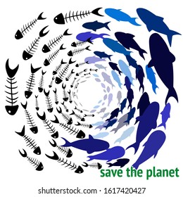 save the planet. Save our Oceans. Ecology print. World oceans day concept, many sea creatures underwater, help to protect animal and environment. Ocean pollution vector illustration. Fish bone