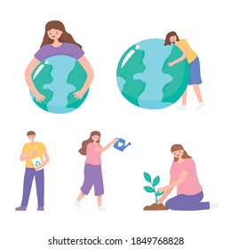 save the planet, people care earth map, planting and more vector illustration