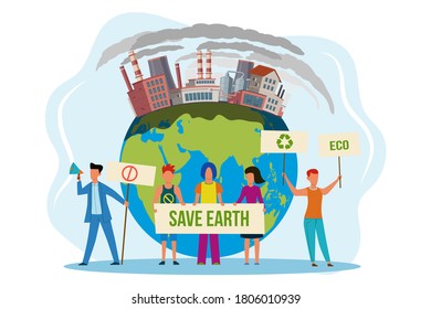 Save the planet. People with placard on protest against environmental pollution global warming and climate change, men and women ecological activists on demonstration protect Earth concept flat vector