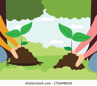 Save the planet people planting the earth flat illustration