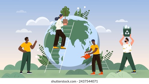 Save planet people poster. Men and women watering plants and picking up trash. Activists and volunteers care about narure and ecology, environment. Cartoon flat vector illustration