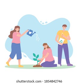 save the planet, people with watering can, planting plant and recycle products vector illustration