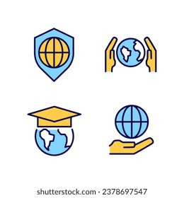 Save planet pixel perfect RGB color icons set. Protect Earth. Sustainable development. International education. Isolated vector illustrations. Simple filled line drawings collection. Editable stroke