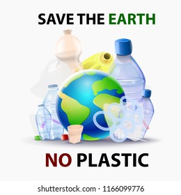 Save the planet from the pollution of plastics - Planet surrounded by plastic garbage. Vector