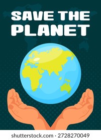 Rettet das Poster des Planeten, Banner mit Händen, die den Planeten Erde halten. Earth Day-Design. Earth Environment Day-Poster. Vektorgrafik. 