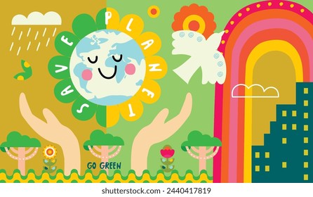 Save Planet poster with cartoon globe,city,rainbow,trees,flowers,hand,clouds and bird.Abstract background with handwritten symbols of ecology and peace.Vector design for card,banner template,flyer.