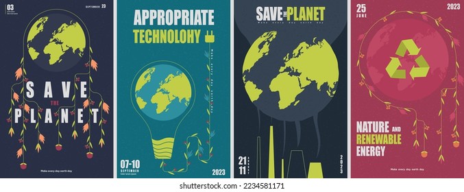 Salvemos el juego de afiches del planeta. Colección de elementos gráficos para el sitio web. El cuidado de la naturaleza y la ecología, y la reducción de los desechos peligrosos. Ilustraciones de vectores planos de dibujos animados aisladas en fondo gris