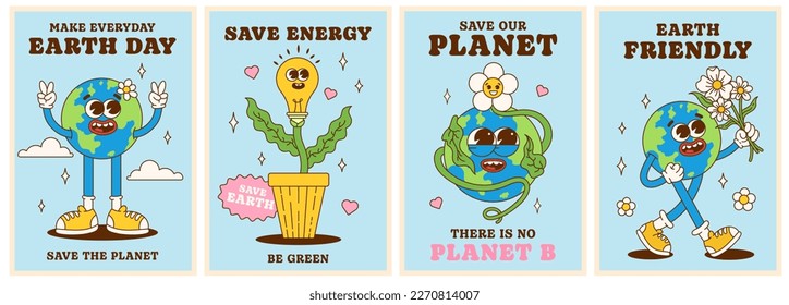 Save the planet poster set in trendy groovy style. Earth Day. Earth friendly. Save energy. Funny vector earth character and mascot. Eco friendly conception. Vector illustration.