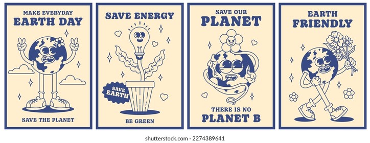 Save the planet poster set in trendy groovy style. Earth Day. Earth friendly. Save energy. Funny vector earth character and mascot. Eco friendly conception. Vector. Monochrome palette.