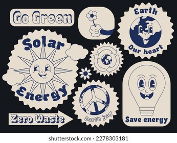 Save the planet poster set in trendy groove style. Earth Day. Funny vector earth character and mascot. Environmentally friendly concept. Vector. Monochrome palette.