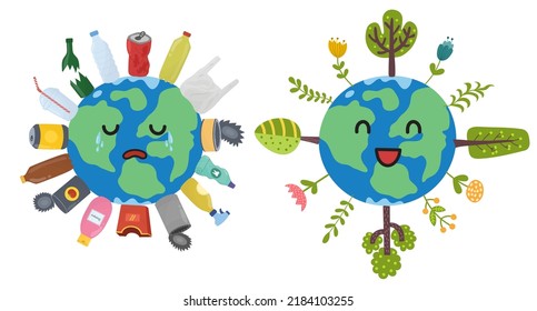 Save the planet print with cute character. Two states of Earth: crying polluted and happy clean planet with trees and plants. Plastic pollution problem concept. Vector illustration