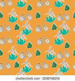 Save Planet Protect Earth concept. Pattern with windmills, trees, bicycles. Vectors graphics