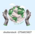 Save the planet retro collage concept. Halftone human hands protecting green earth globe with clouds. Vintage environmental poster and sustainable society vector illustration for Earth Day
