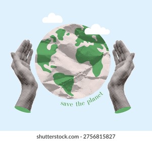 Save the planet retro collage concept. Halftone human hands protecting green earth globe with clouds. Vintage environmental poster and sustainable society vector illustration for Earth Day