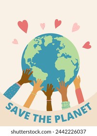 Save the planet retro poster. Happy Earth day banner. Cover for holiday design. Hands support the globe. Vector illustration.