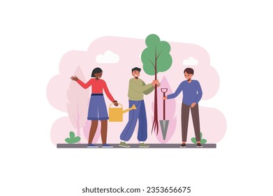 Save planet school concept with people scene in the flat cartoon style. At school, students are taught to protect the planet and plant trees and take care of plants. Vector illustration.