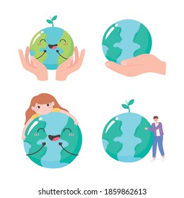 save the planet, set globe map hands and people care icons vector illustration