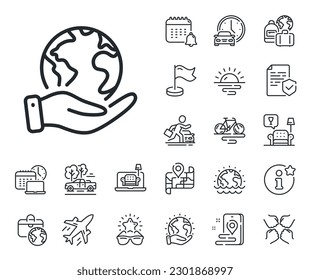 Save planet sign. Plane jet, travel map and baggage claim outline icons. Global business line icon. Internet marketing symbol. Save planet line sign. Car rental, taxi transport icon. Vector