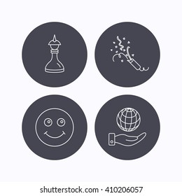 Save planet, slapstick and strategy icons. Smile linear sign. Flat icons in circle buttons on white background. Vector