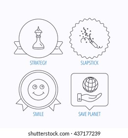 Save planet, slapstick and strategy icons. Smile linear sign. Award medal, star label and speech bubble designs. Vector
