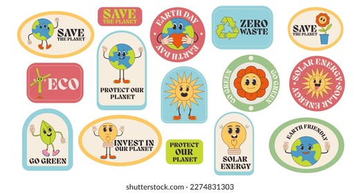 Save the planet sticker, label set in trendy groovy style. Earth Day. Funny earth character and mascot. Eco friendly conception.