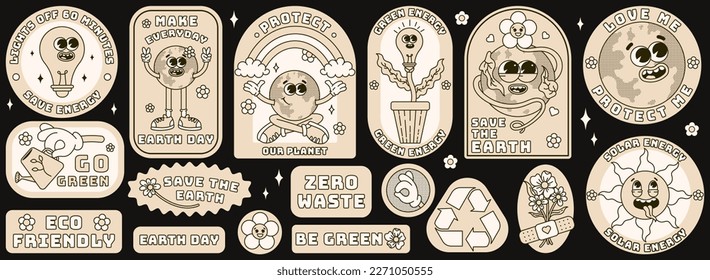 Save the planet sticker set in trendy groovy style. Monochrome palette. Earth Day. Funny vector earth character and mascot. Eco friendly conception. Vector illustration.