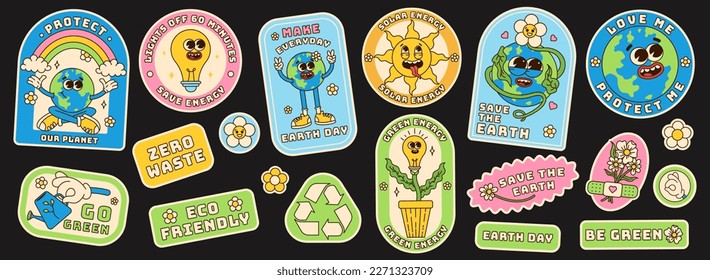 Save the planet sticker set in trendy groovy style. Earth Day. Funny vector earth character and mascot. Eco friendly conception. Vector illustration.	
