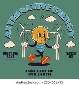 Salvar la pegatina del planeta en el estilo de dibujos animados retro de moda. Ecología y basura cero. Cotizaciones ecológicas, energía renovable verde, energía alternativa. Ilustración vectorial en estilo de dibujos animados planos	