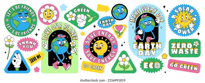 Save the planet stickers in trendy retro cartoon style. Set of Earth Day posters. World Environment Day cards. Funny vector illustration of planet Earth, globe with smiley face. Eco green concepts