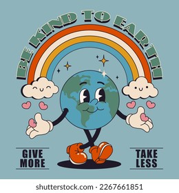 Save the planet stickers in trendy retro cartoon style. Earth Day posters. World Environment Day. Motivational print design template with walking cartoon Earth