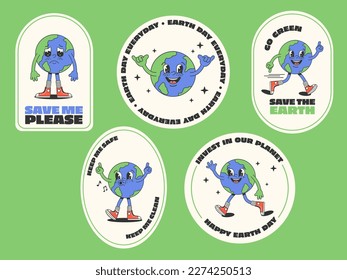 Save the planet stickers in trendy retro style. Sticker pack for Earth Day. World Environment Day. Cute and funny character of planet Earth. Eco friendly labels or badges. Vector illustration